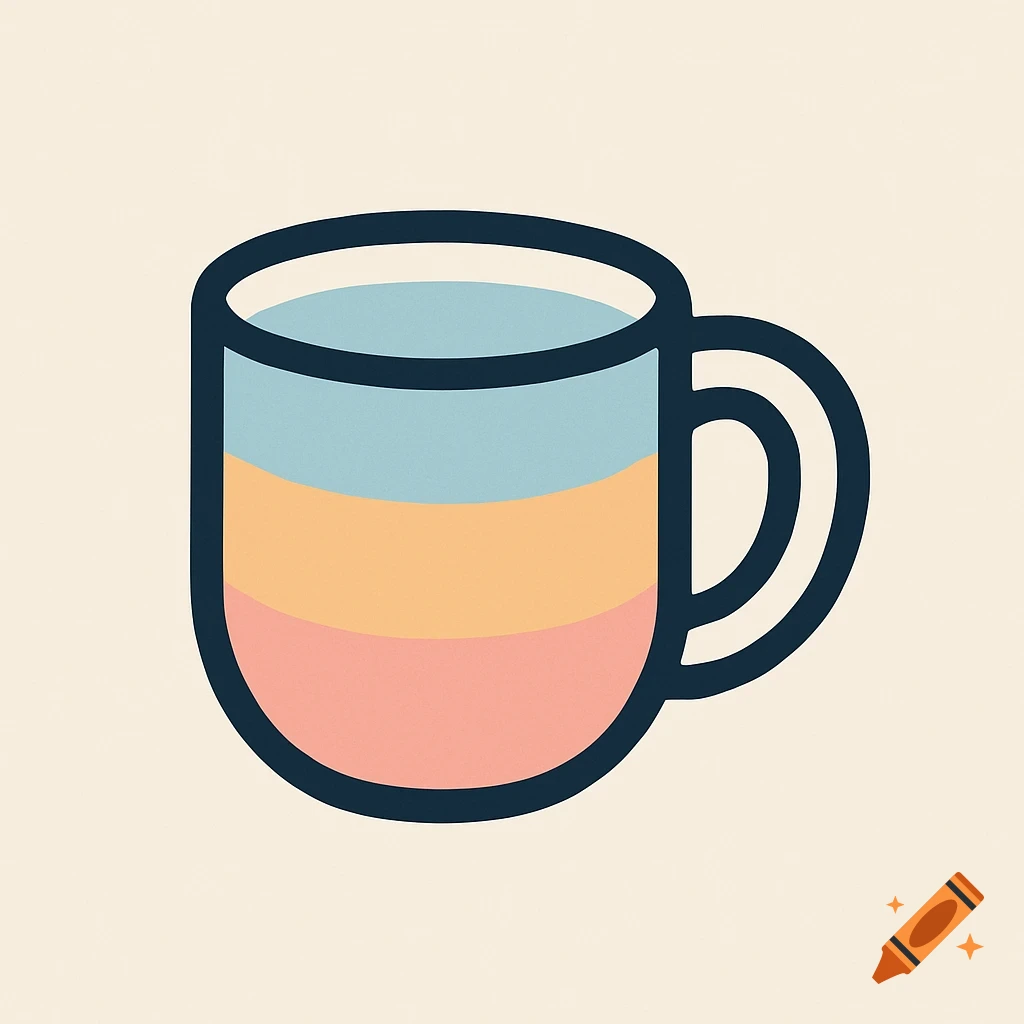 A flat vector style logo of a coffee mug with pastel blue, orange, and pink layers inside, on a light background.