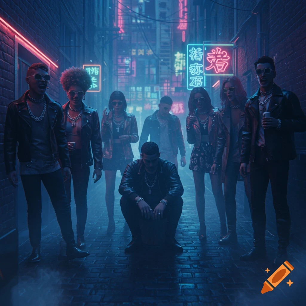 A group of people dressed in black leather jackets and chains stand in a dark, neon-lit cyberpunk alleyway, looking down at one person crouching on the ground.