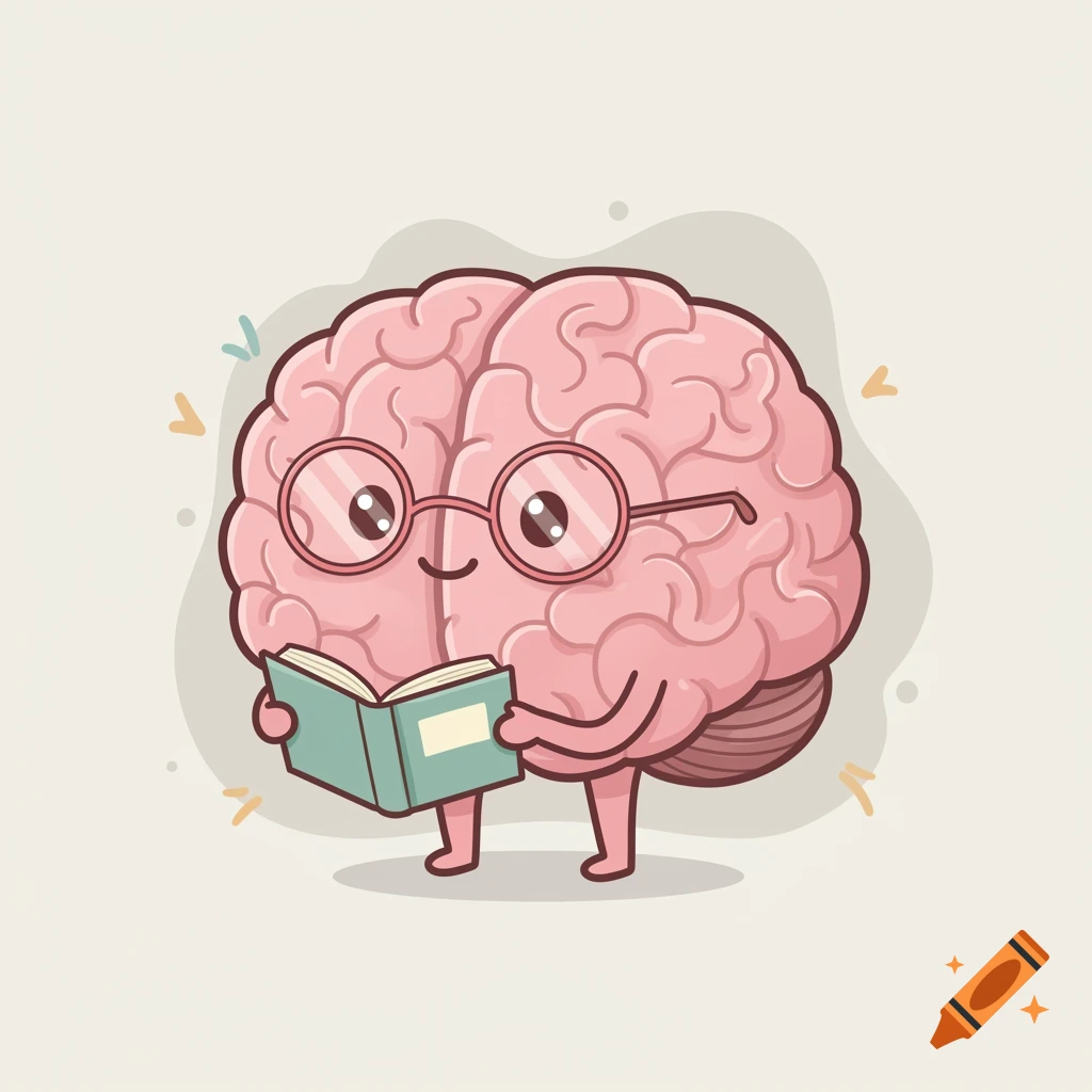 Cute cartoon brain with pink glasses holding an open book, smiling on a light background.