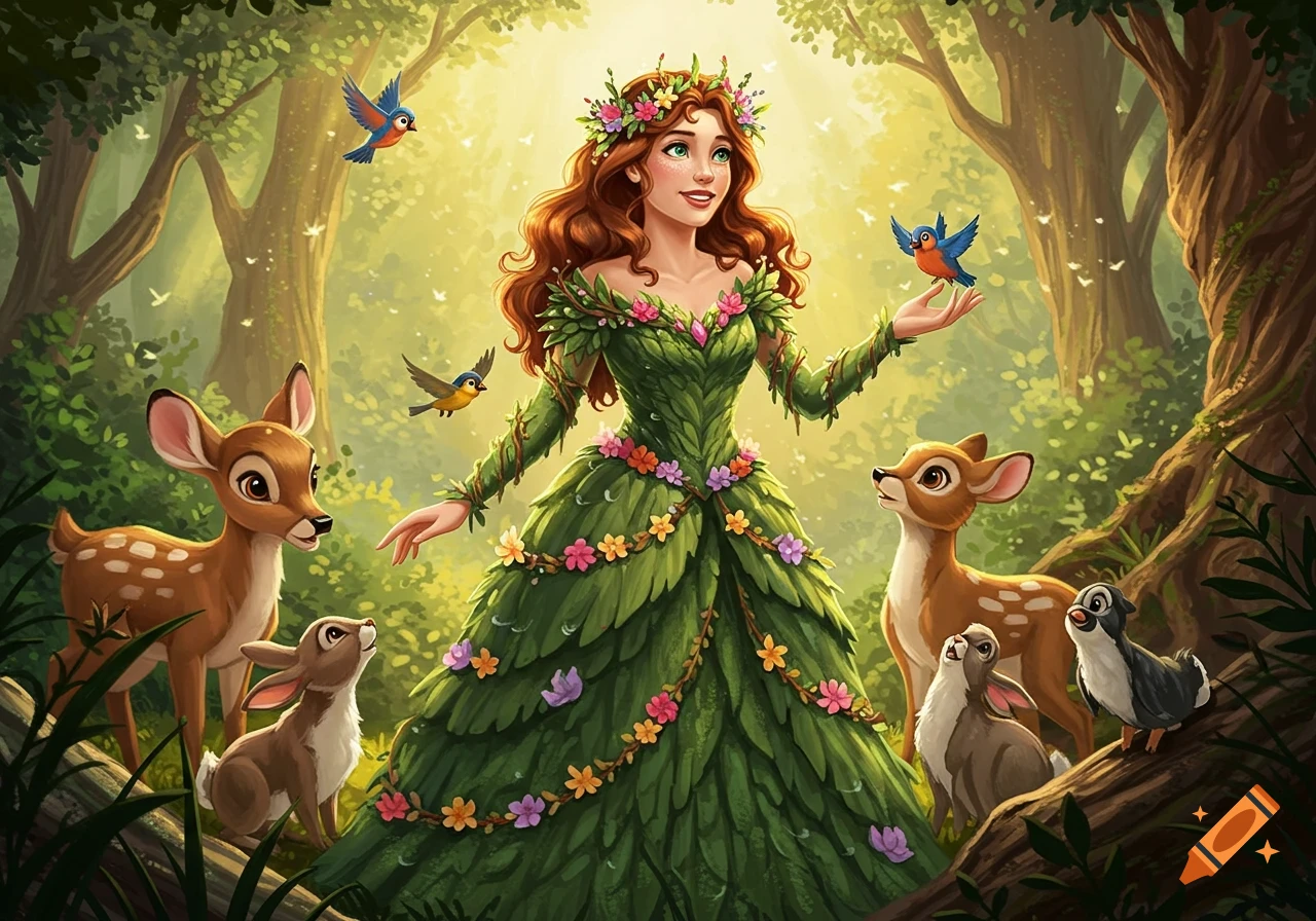 A cartoon woman with long red hair, wearing a dress made of leaves and flowers, surrounded by deer, rabbits, and birds in a sunlit forest.