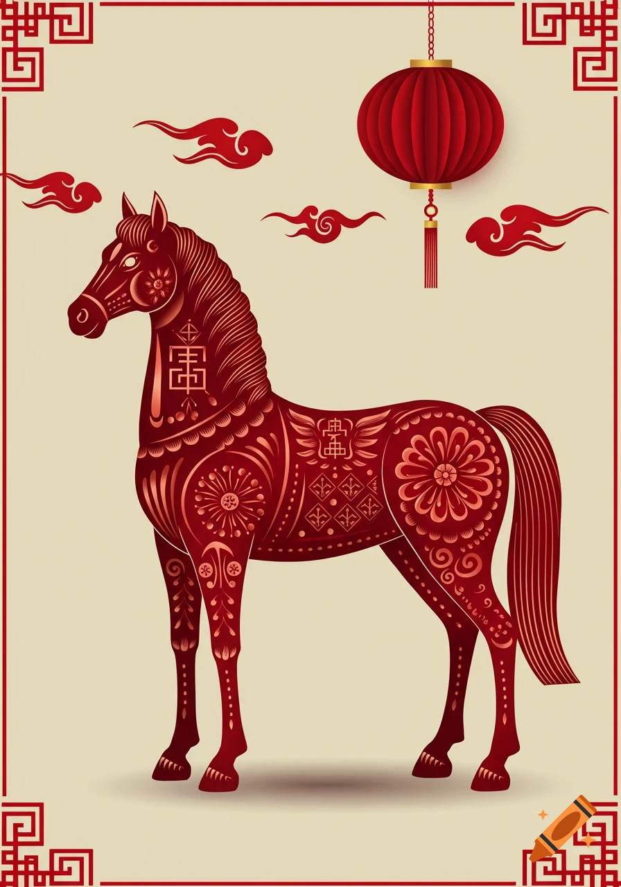 A red stylized horse in Chinese paper-cut style with decorative patterns, a red lantern, and cloud motifs on a beige background.