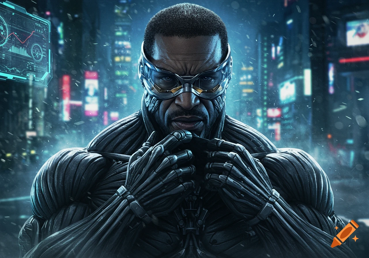 A man in a futuristic dark nanosuit and goggles with an intense look, set against a blurry cyberpunk city background.