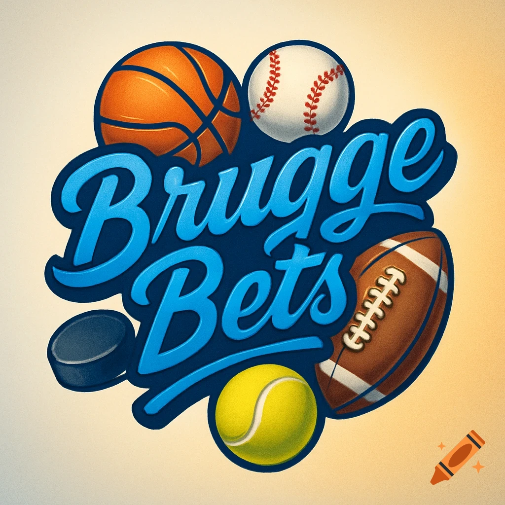 A logo with "Brugge Bets" in blue script, surrounded by a basketball, baseball, football, tennis ball, and hockey puck.
