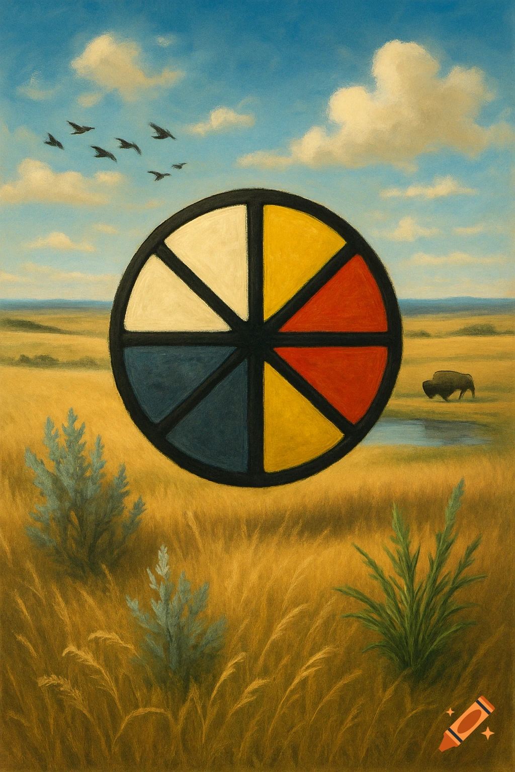 A vibrant medicine wheel floats above a golden prairie landscape with a bison near a pond and birds flying in a blue sky. Digital painting.