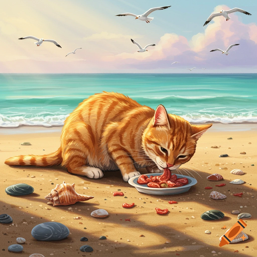 An orange tabby cat eats from a bowl on a sandy beach with seashells and seagulls flying overhead.
