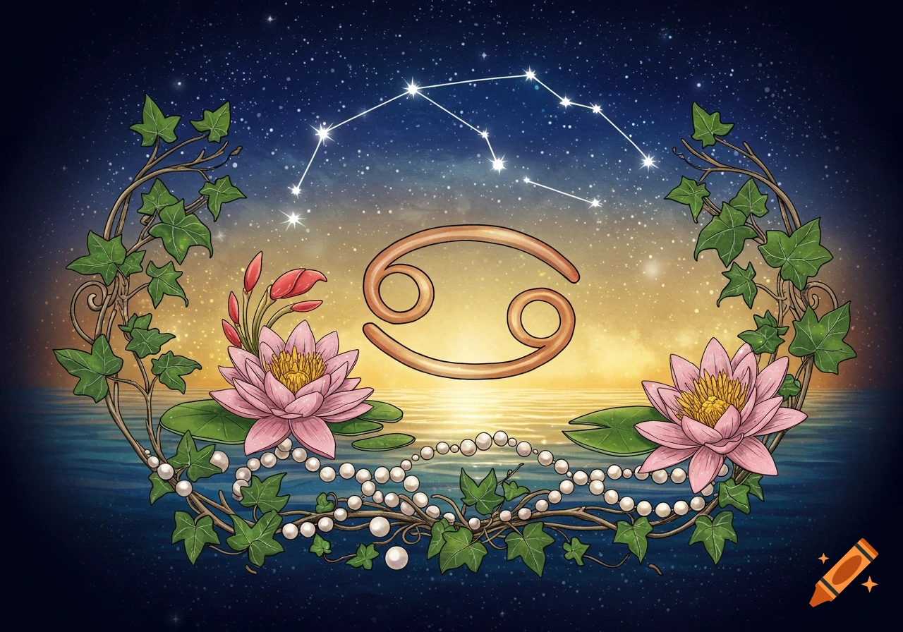 A vibrant illustration of the Cancer zodiac symbol and constellation above water, framed by ivy, pink water lilies, and pearls, under a starry sunset sky.