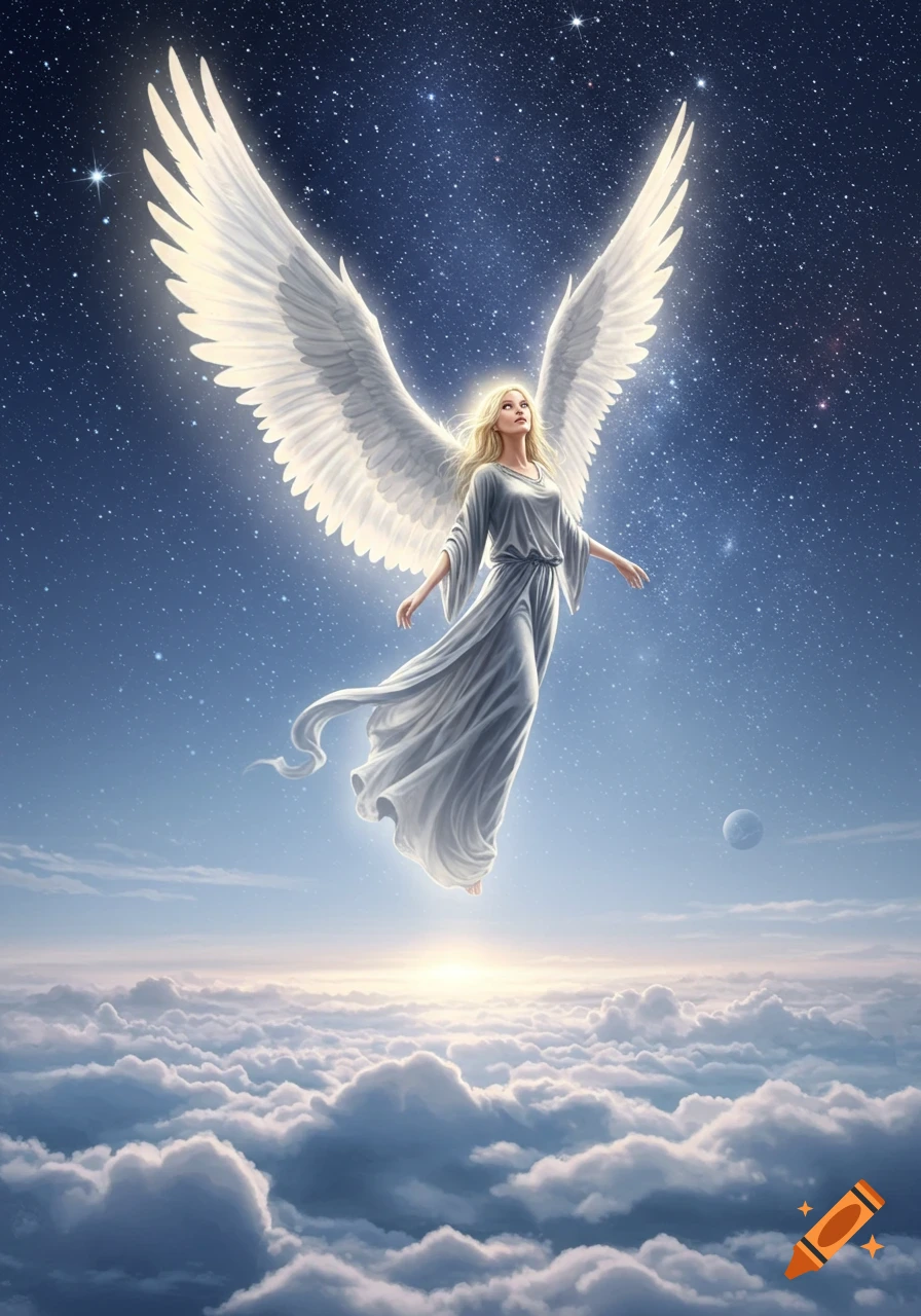 A blonde angel with large white wings floats above clouds in a starry night sky, looking up.