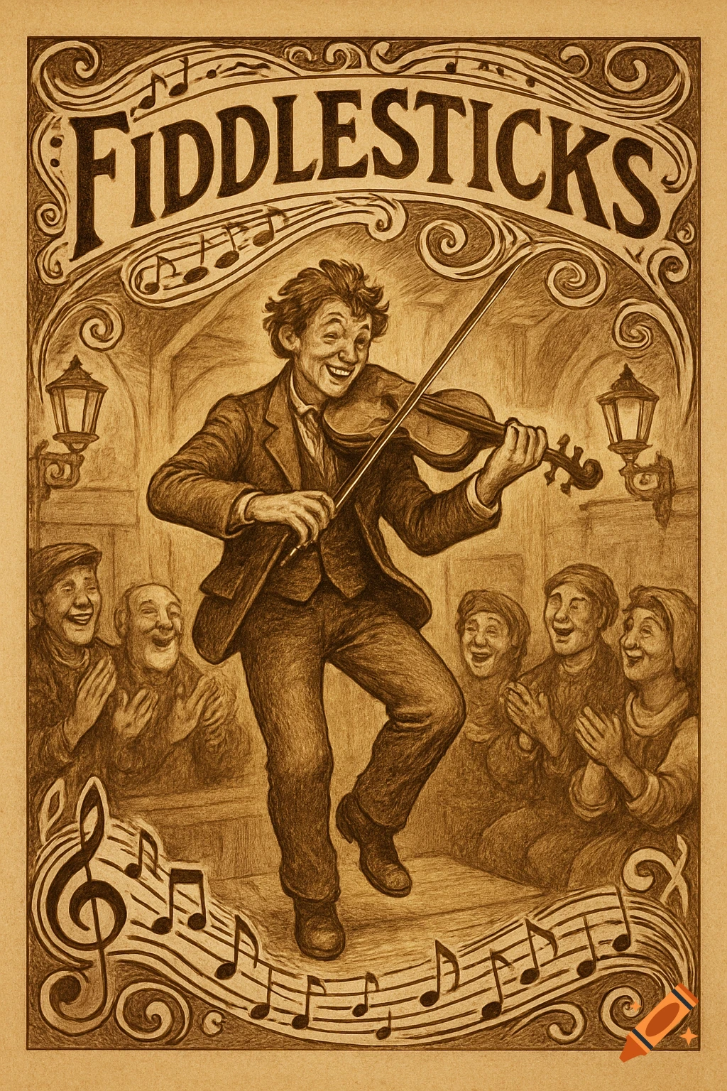 Vintage illustration of a smiling man playing violin for a joyful crowd, with 'FIDDLESTICKS' above.