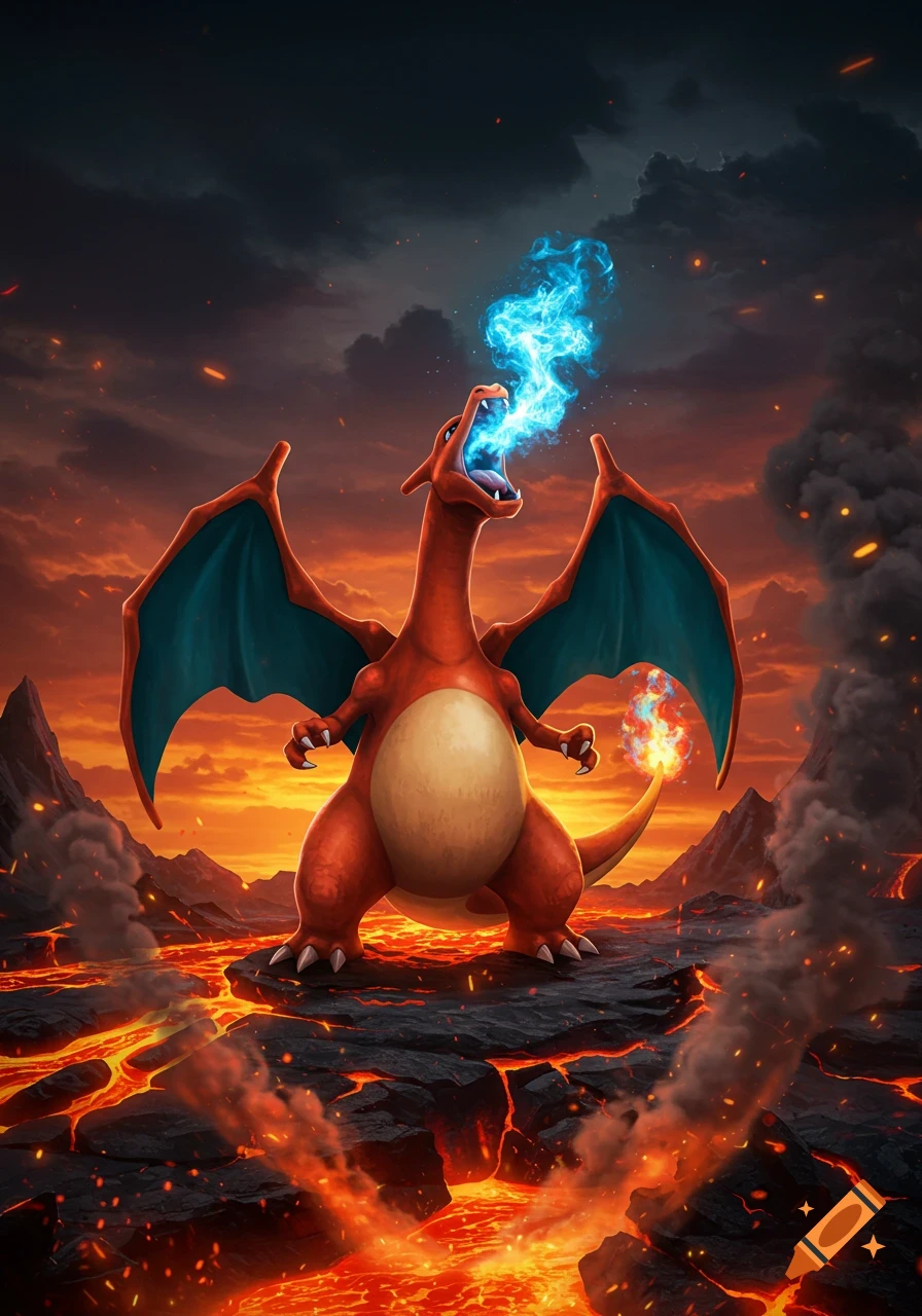 Charizard breathing blue fire, standing on a rocky ledge above flowing lava under a dramatic, stormy sky.
