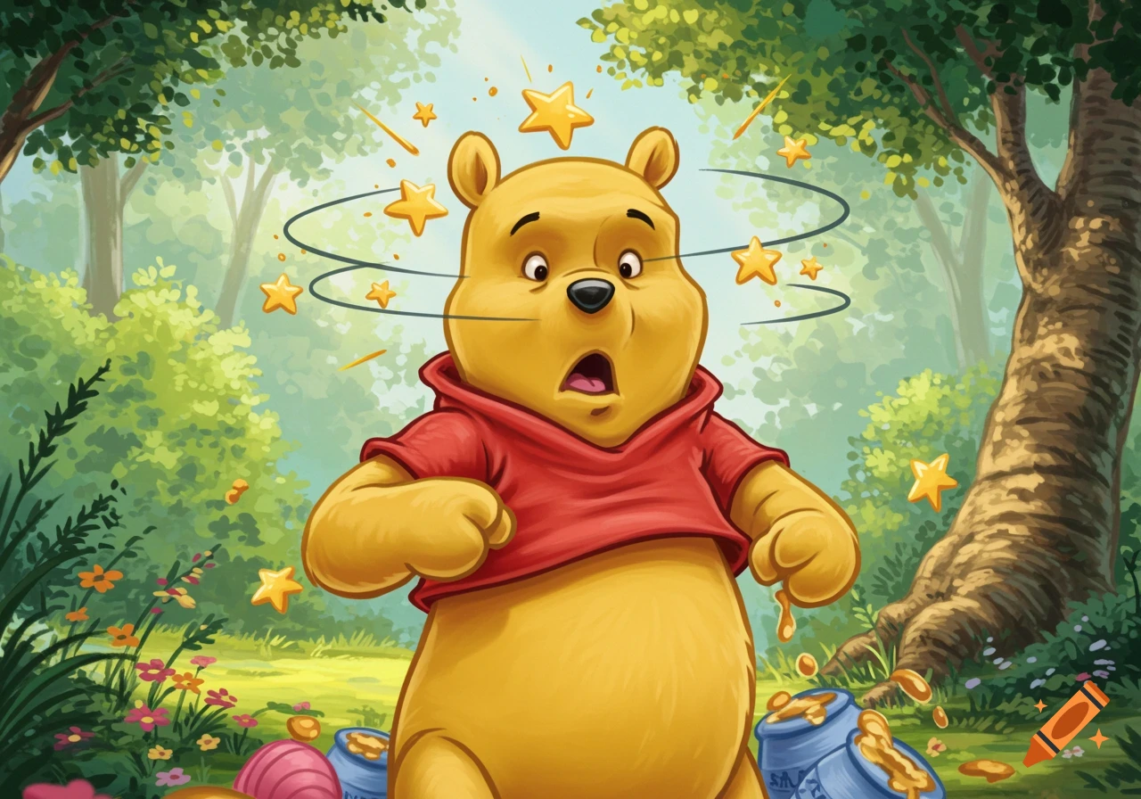 Winnie the Pooh in a forest, looking dazed with stars circling his head and spilled honey pots at his feet in a cartoon style.