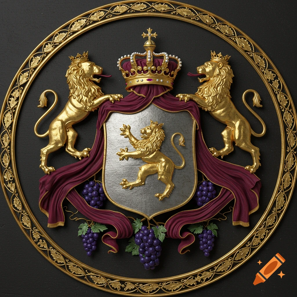 Ornate golden coat of arms with two rearing lions, a crowned shield featuring a third lion, purple drapery, and bunches of grapes.