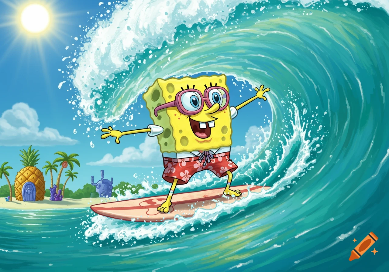 Spongebob Squarepants, wearing red shorts and pink sunglasses, surfs a large blue wave in a vibrant cartoon style.