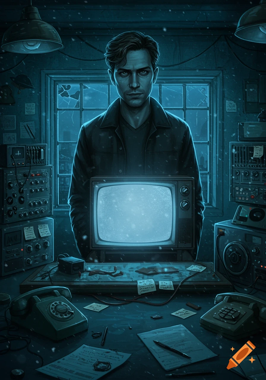 A man with a serious expression stands behind an old television in a dark, snow-covered room filled with retro electronic equipment and papers.