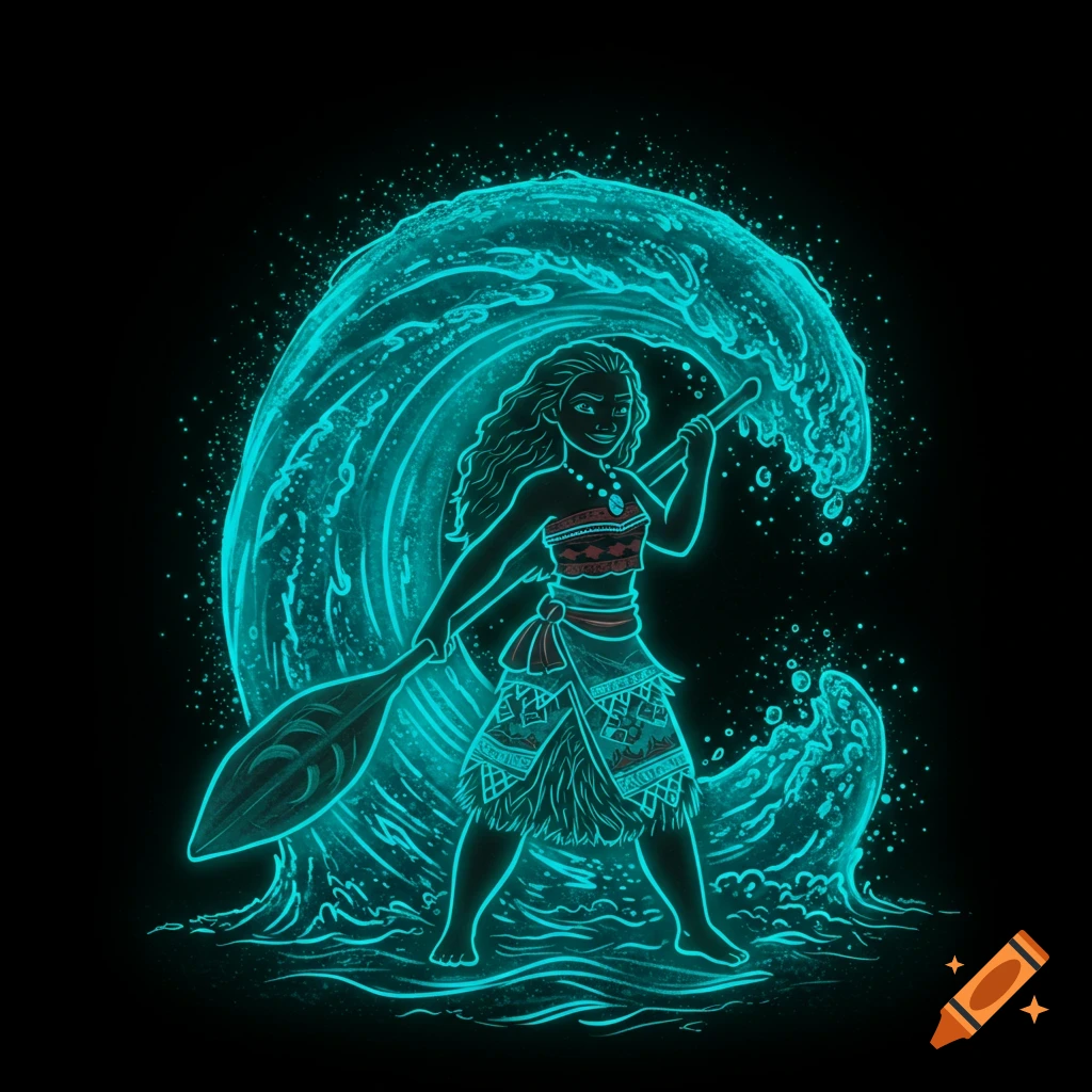 Moana stands with an oar against a glowing aqua-blue wave in a neon line art style.