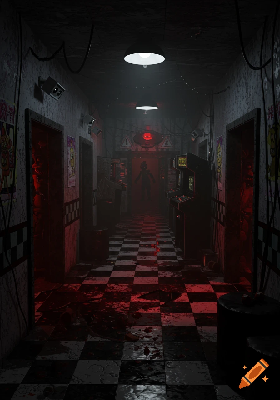 A dark, creepy hallway with a checkered floor, blood stains, arcade machines, and menacing figures in the shadows, inspired by Five Nights at Freddy's.
