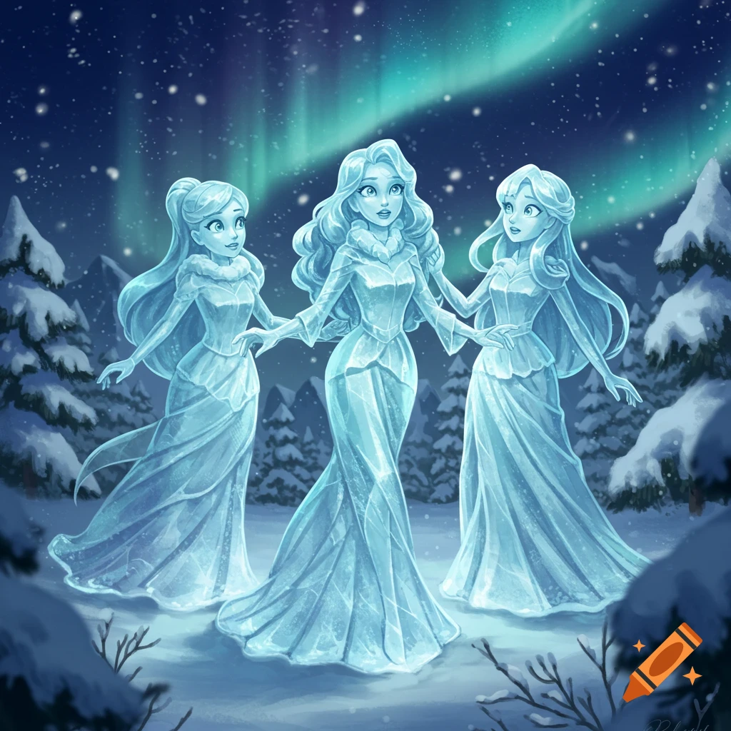 Three anime-style girls with long hair, depicted as translucent ice statues with surprised expressions, stand in a snowy forest under a green aurora borealis.