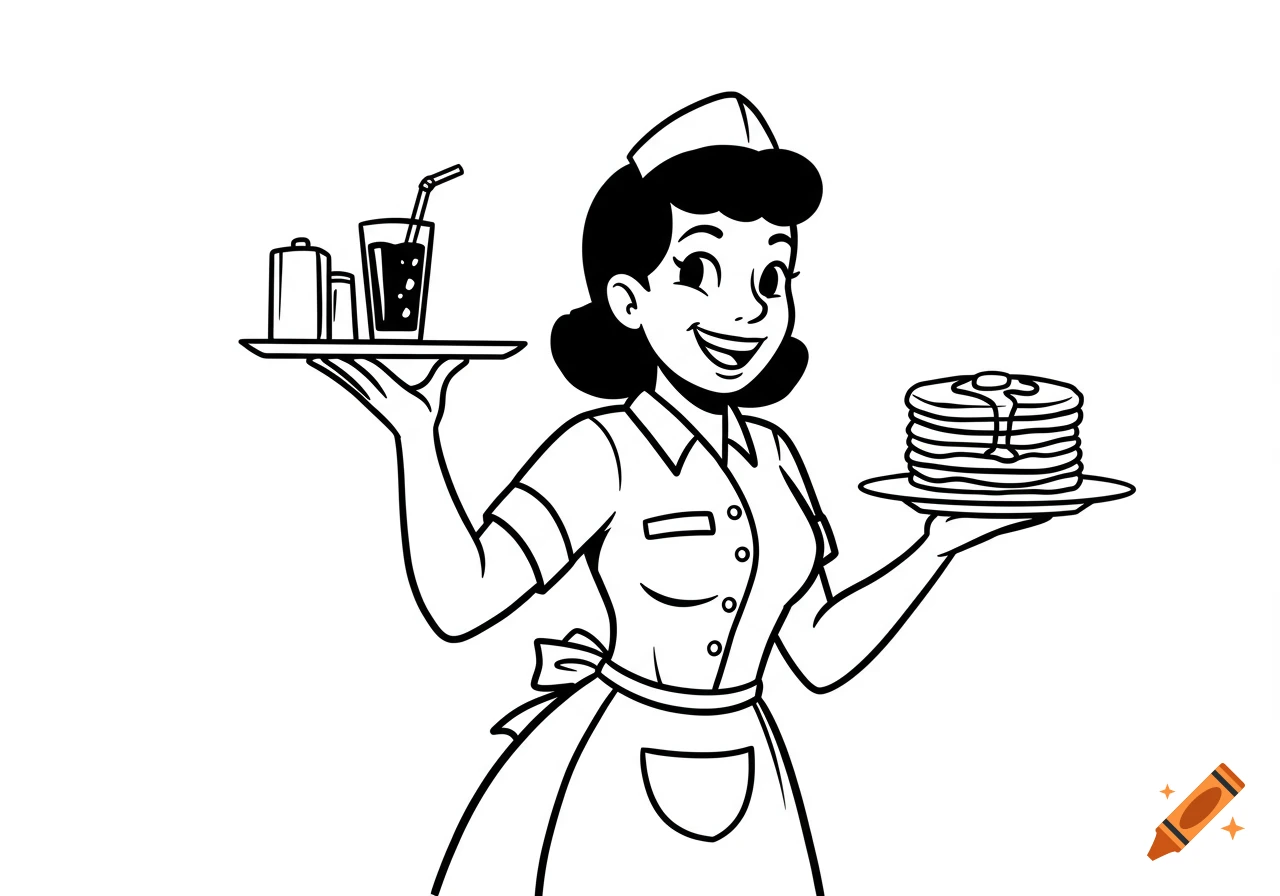 A smiling retro cartoon waitress in black and white outline holds a tray with a drink and condiments and another with pancakes.
