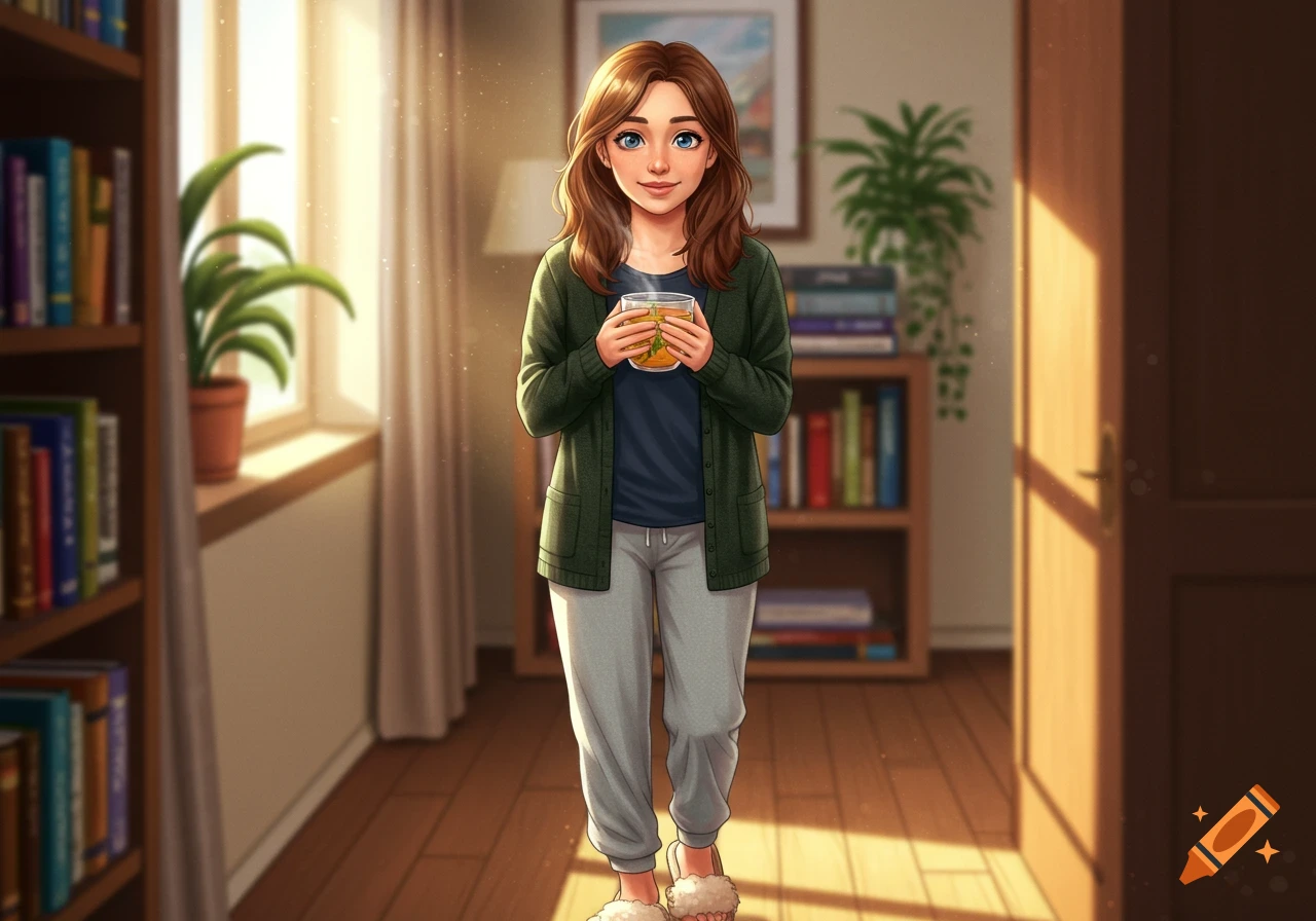 A smiling woman with brown hair stands in a sunlit room, holding a mug, wearing a green cardigan and sweatpants.