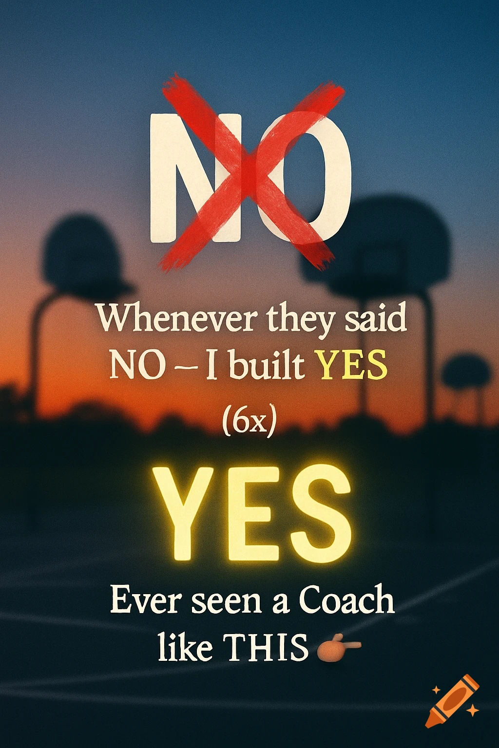 A motivational quote with a crossed-out 'NO' and glowing 'YES' on a blurred basketball court background at sunset.
