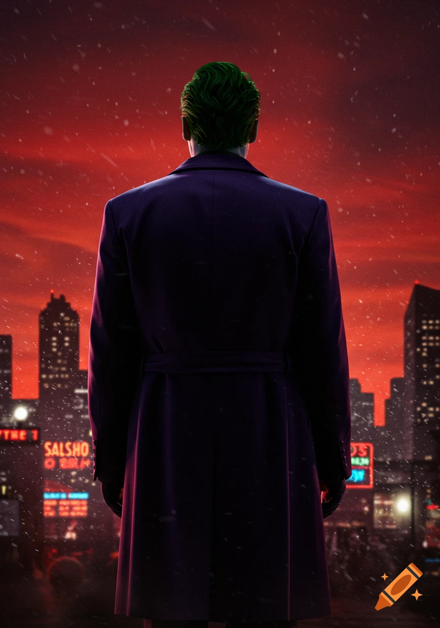 Back of the Joker with green hair and purple coat, looking at a city skyline under a red sky with falling snow.