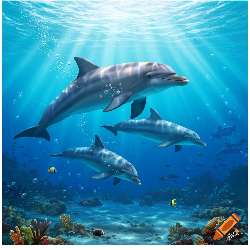 Three dolphins swim gracefully in clear blue ocean water with sun rays piercing from above and a vibrant coral reef below.