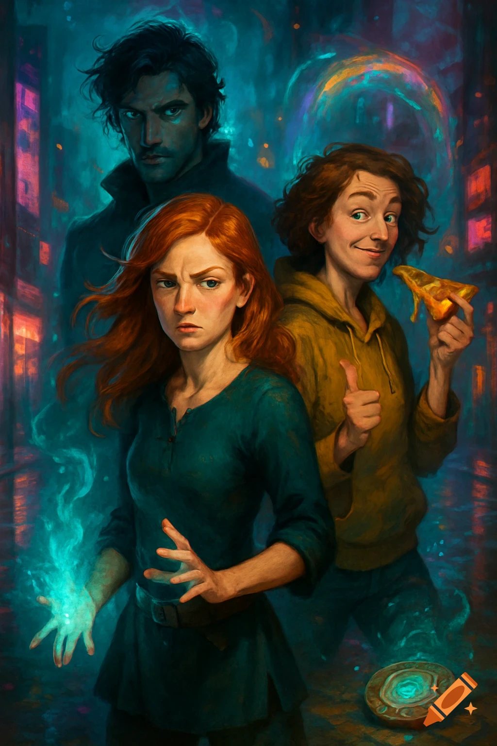 Three people, a woman with glowing hands, a man, and a woman holding pizza, in a dark, magical urban setting.