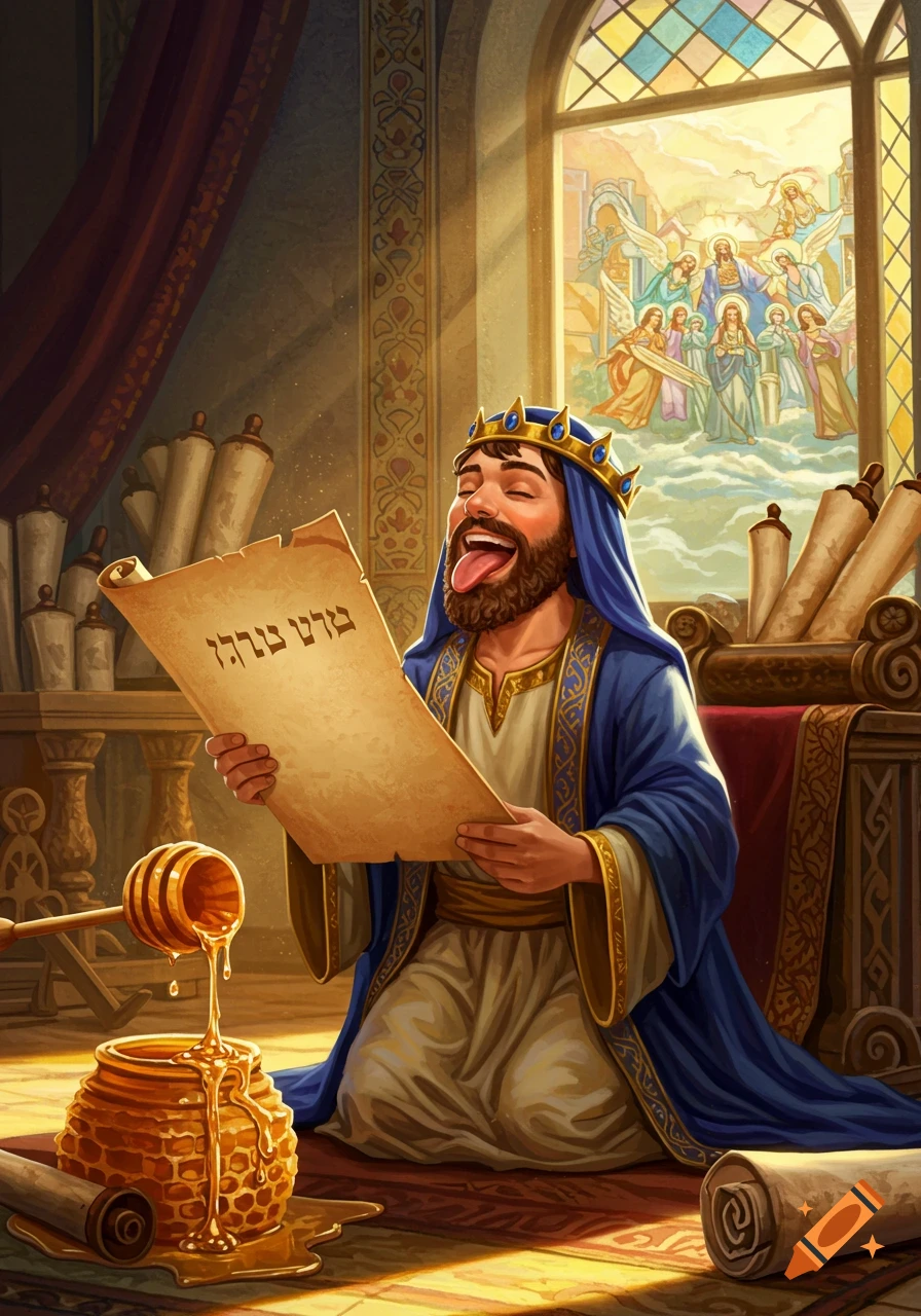 A bearded king with a golden crown and blue robes kneels, joyfully licking a scroll. Honey drips from a dipper into a honeycomb pot beside him. In the background, a stained-glass window depicts angels and figures in the clouds, bathed in golden light.