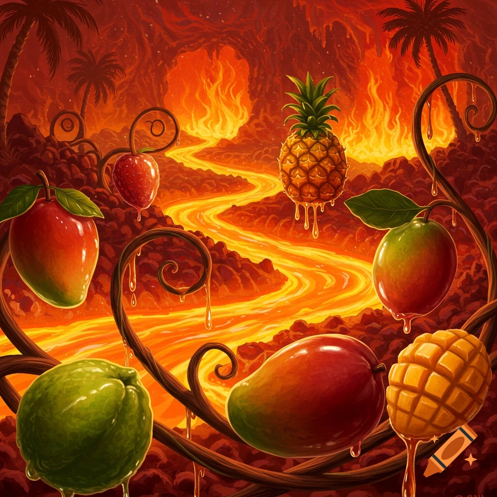 An artistic illustration of tropical fruits like mangoes, pineapple, and strawberries hanging from vines over a vibrant, fiery lava river in a volcanic, inferno-like landscape.