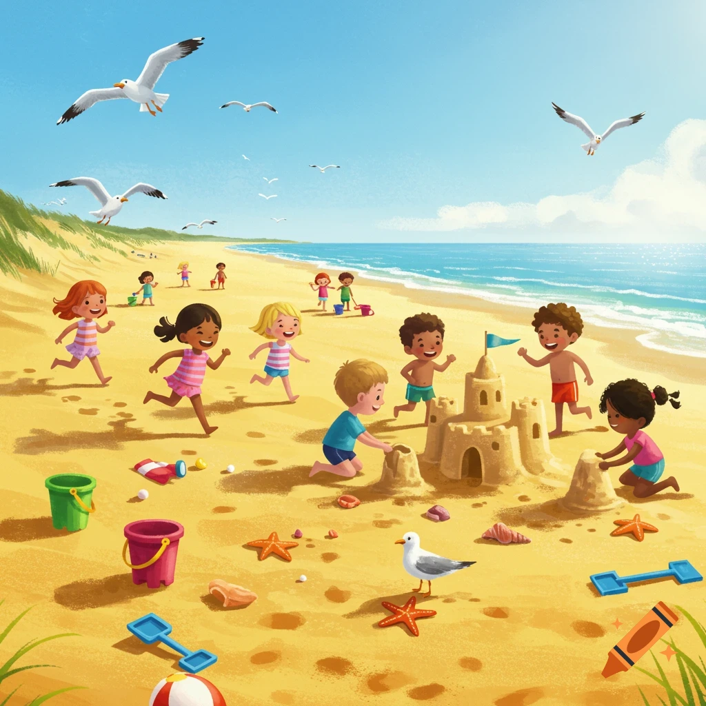 Colorful illustration of diverse children playing on a sunny beach, building sandcastles with seagulls flying overhead.