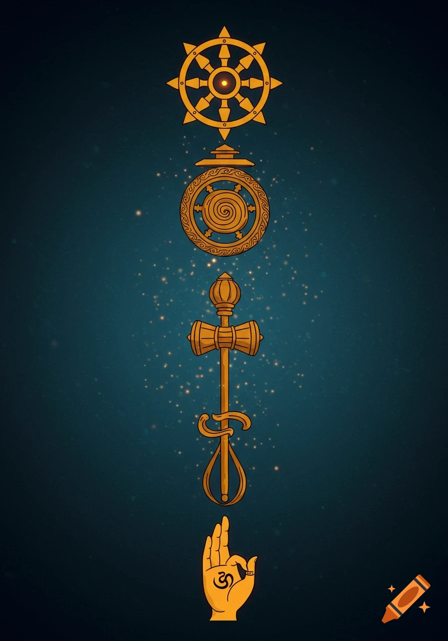 Golden Hindu religious symbols arranged vertically: a Sudarshana Chakra, a conch, a mace, and a hand with an Om symbol, on a dark blue background.