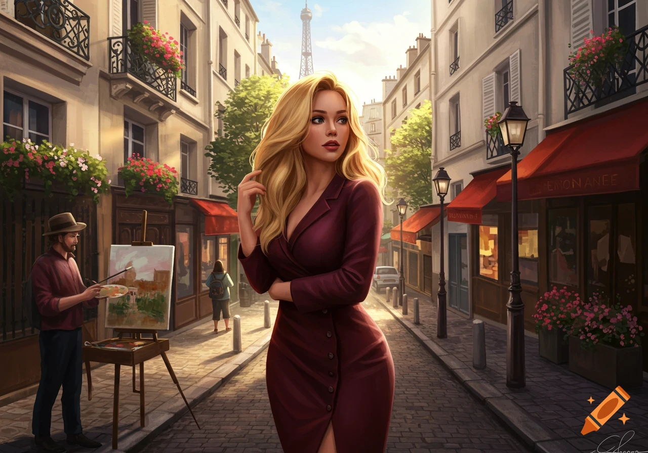 A blonde woman in a burgundy dress stands on a cobblestone Paris street with an artist painting nearby and the Eiffel Tower in the background.
