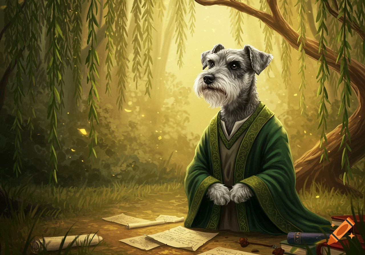 A schnauzer dressed in a green sage's robe sits in a mystical forest with papers and books, bathed in golden light.