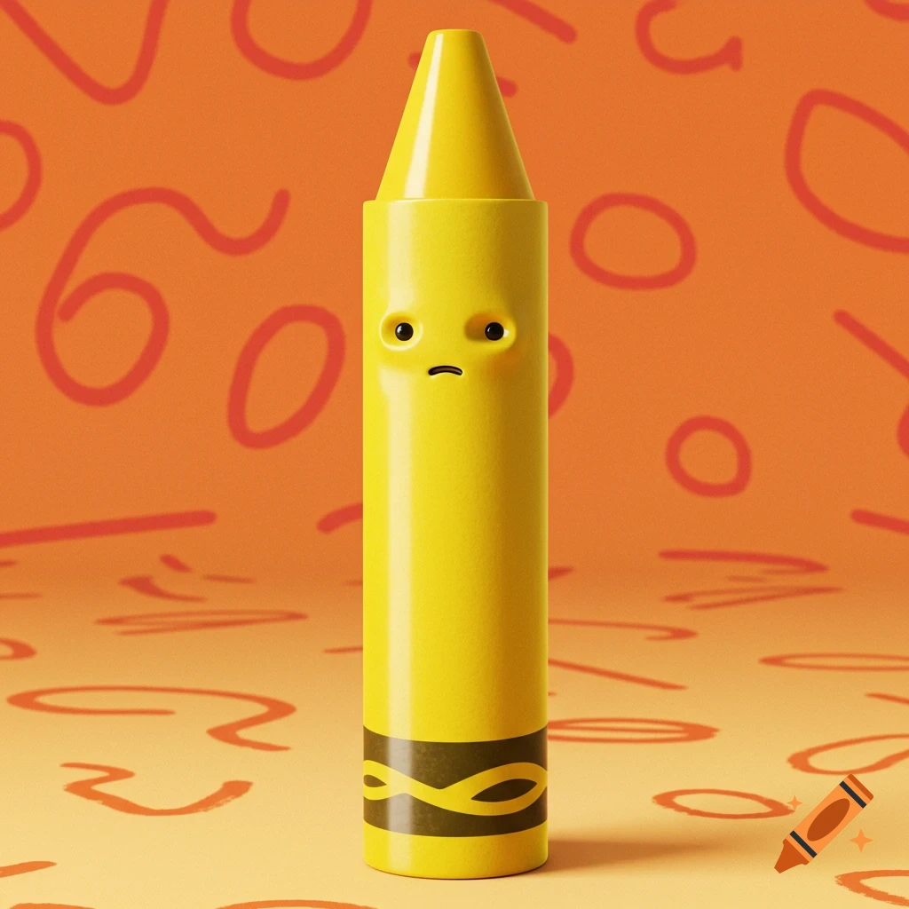 A yellow cartoon crayon with a sad human-like face stands against an orange background with red scribbles.