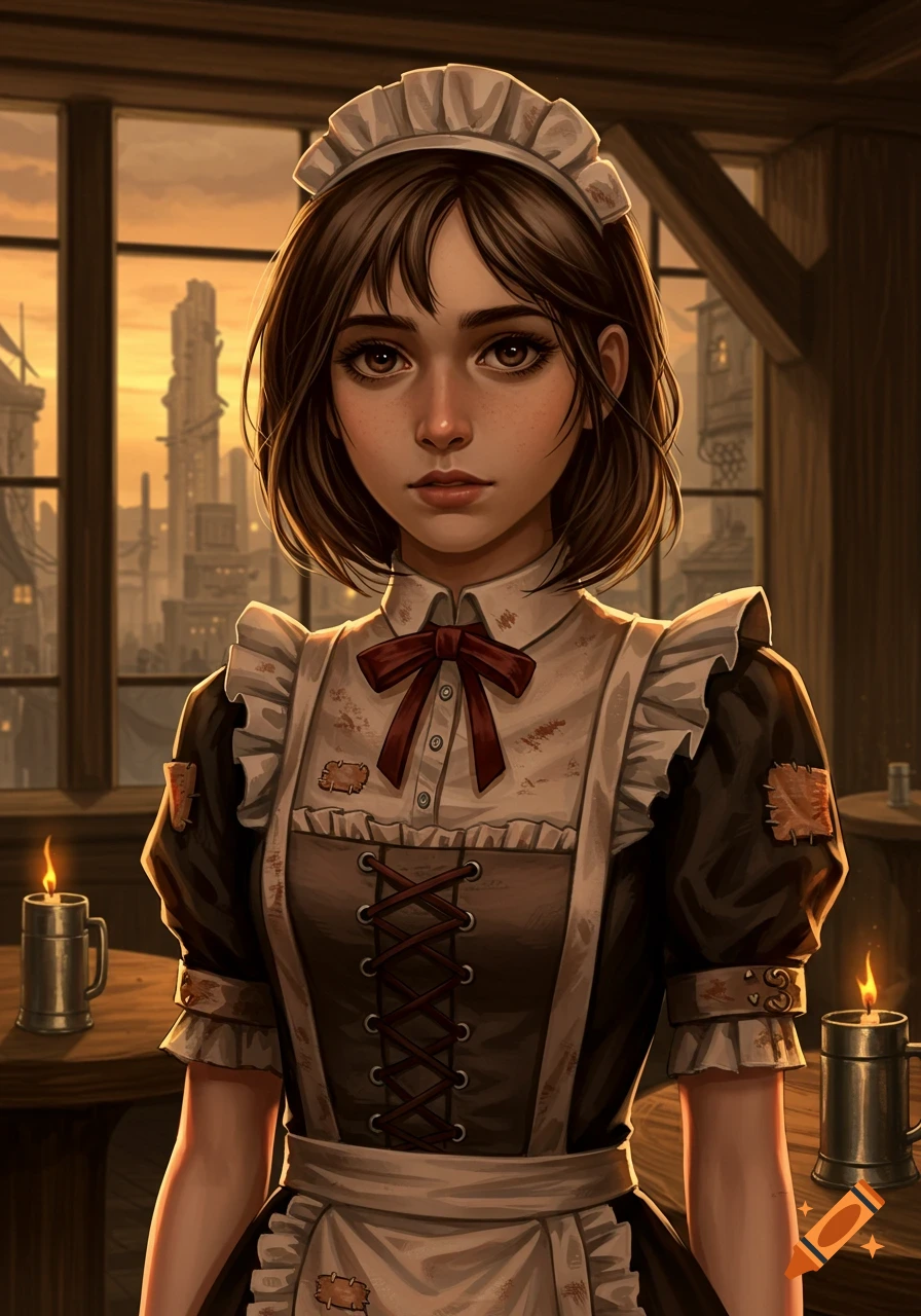 Digital art portrait of a young woman in a patched barmaid uniform looking forward, with a dystopian city skyline at sunset in the background.