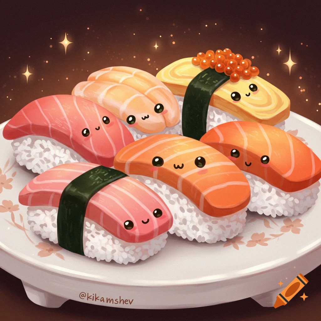 A plate of six cute, smiling kawaii nigiri sushi pieces, including tuna, salmon, shrimp, and tamagoyaki, with sparkling accents.