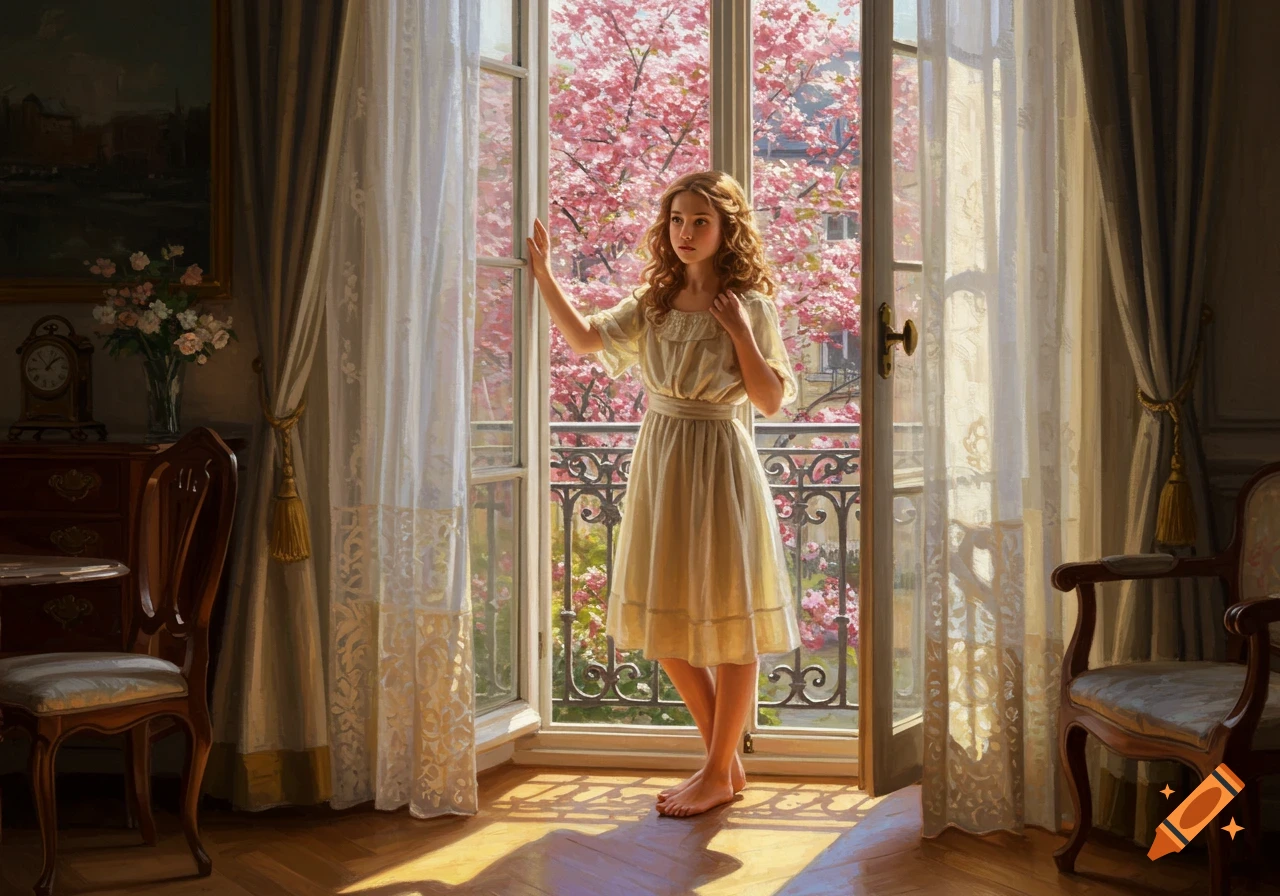 A young girl in a cream dress stands barefoot by an open window overlooking a balcony with cherry blossom trees outside, rendered in an impressionist style.