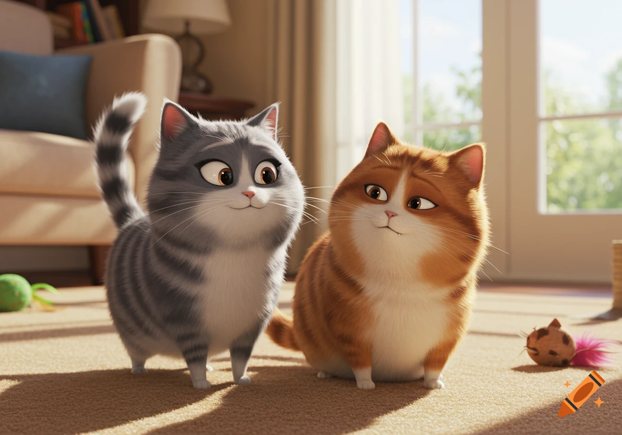 Two fluffy cartoon cats, one gray tabby and one orange tabby, sit on a carpet in a bright living room.