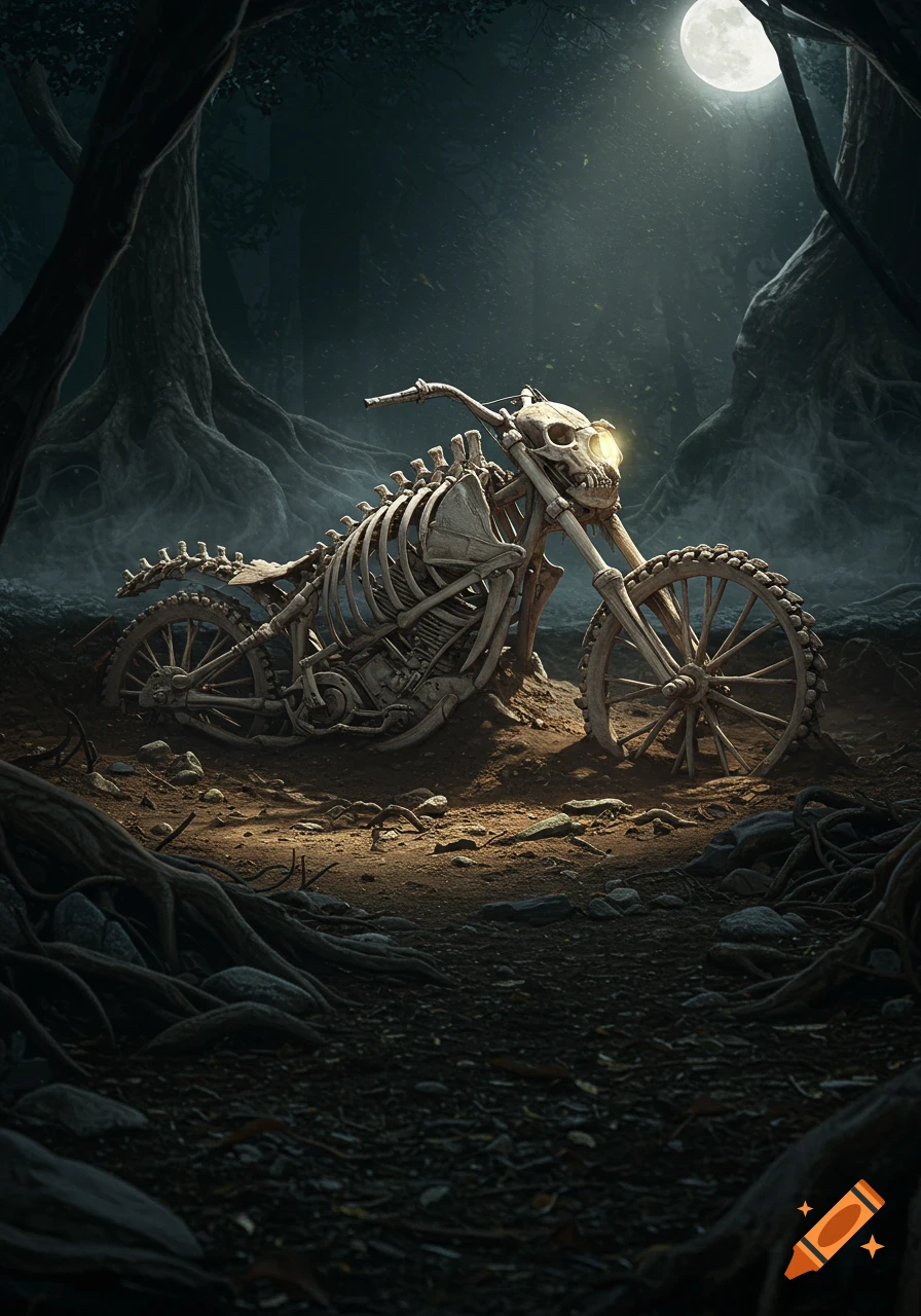 A skeletal motorcycle with a glowing headlight rests on a dirt path in a dark, moonlit forest, surrounded by gnarled tree roots.