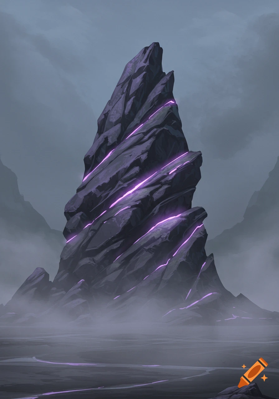 A large, dark purple rock with glowing neon purple lines stands in a misty, dark landscape.