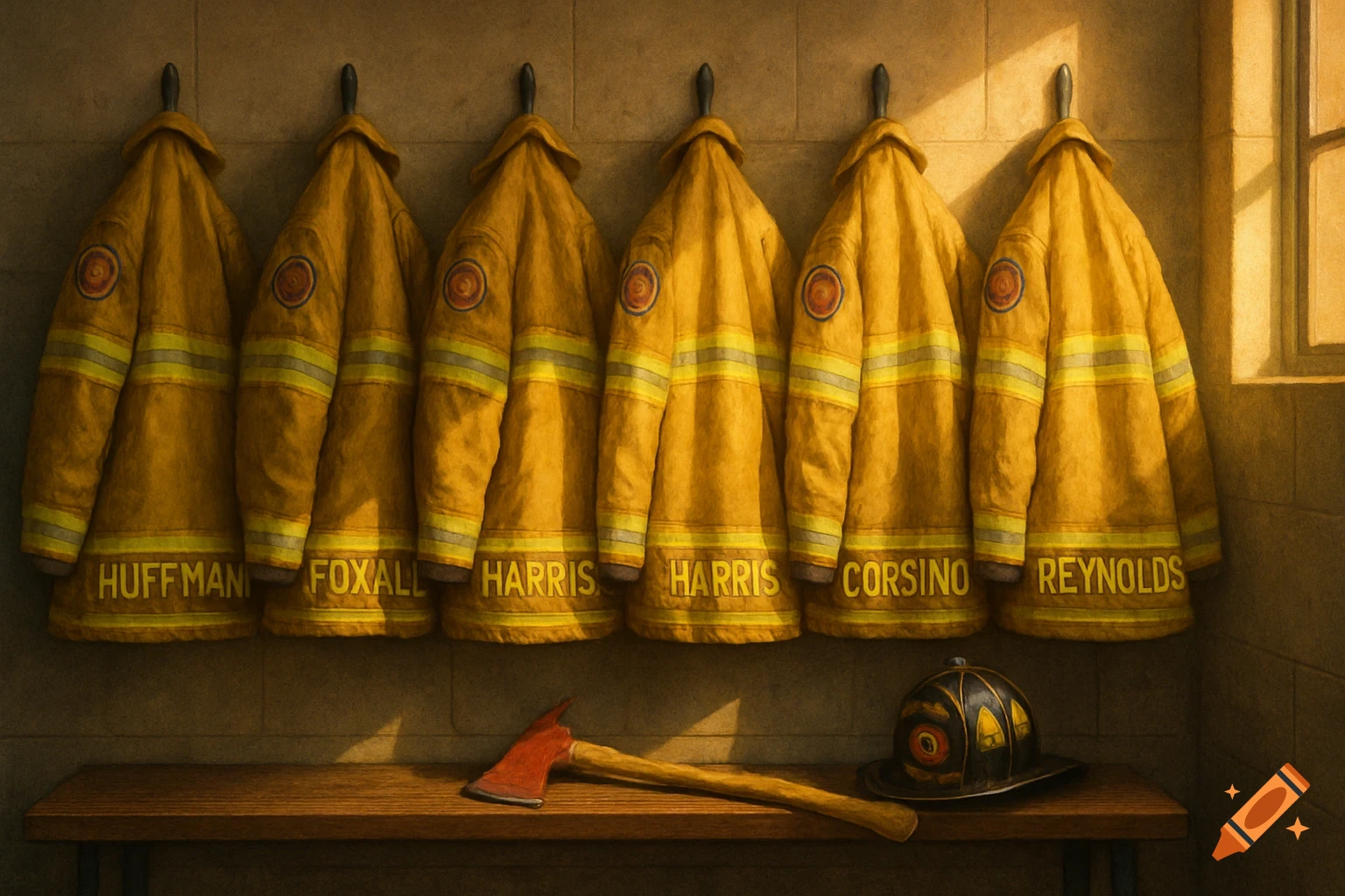 Six yellow firefighter jackets with names hang on a wall above an axe and a helmet on a wooden bench in a station.