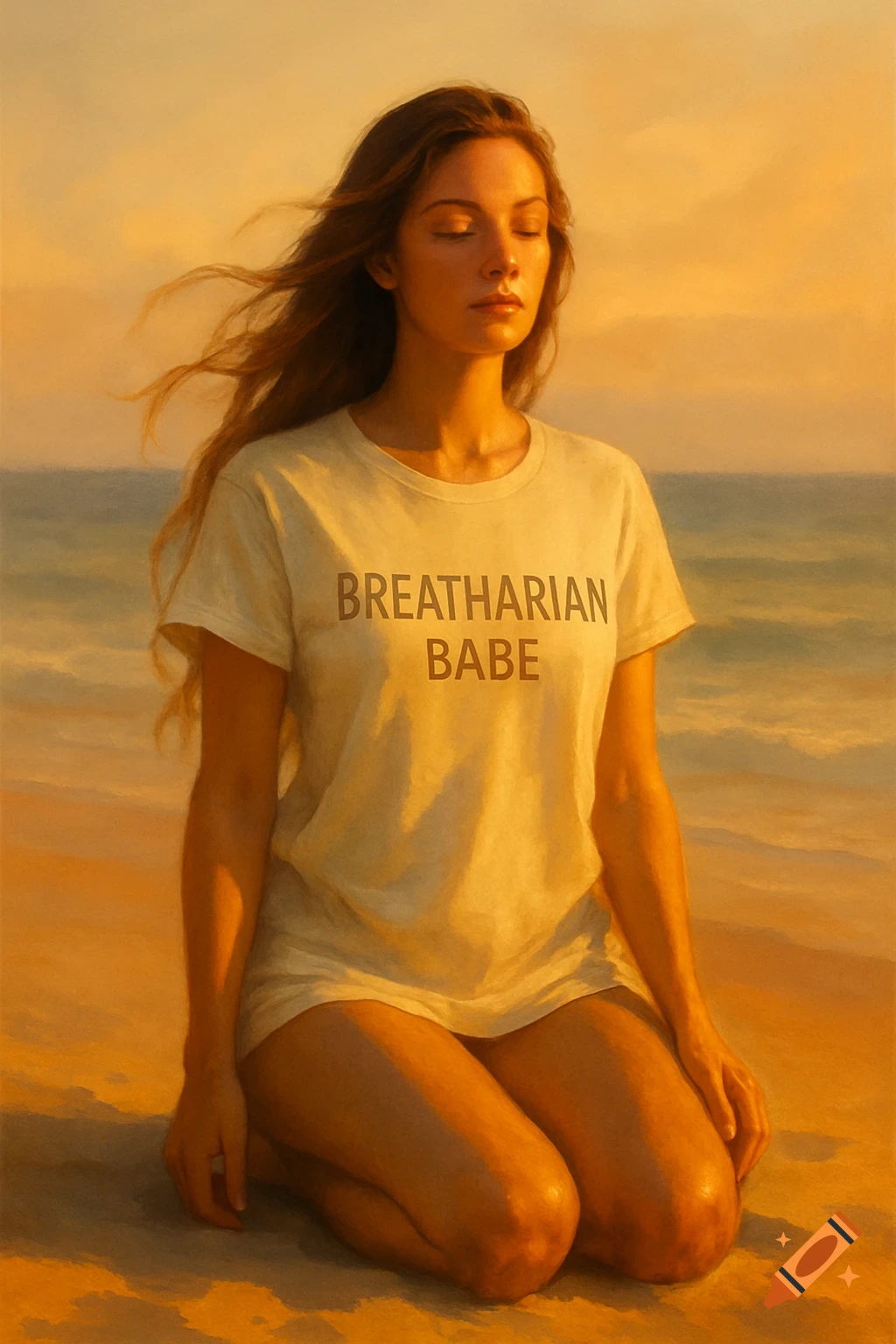 Beautiful woman kneeling on a beach at sunset, wearing a white t-shirt that says 'BREATHARIAN BABE' with closed eyes.