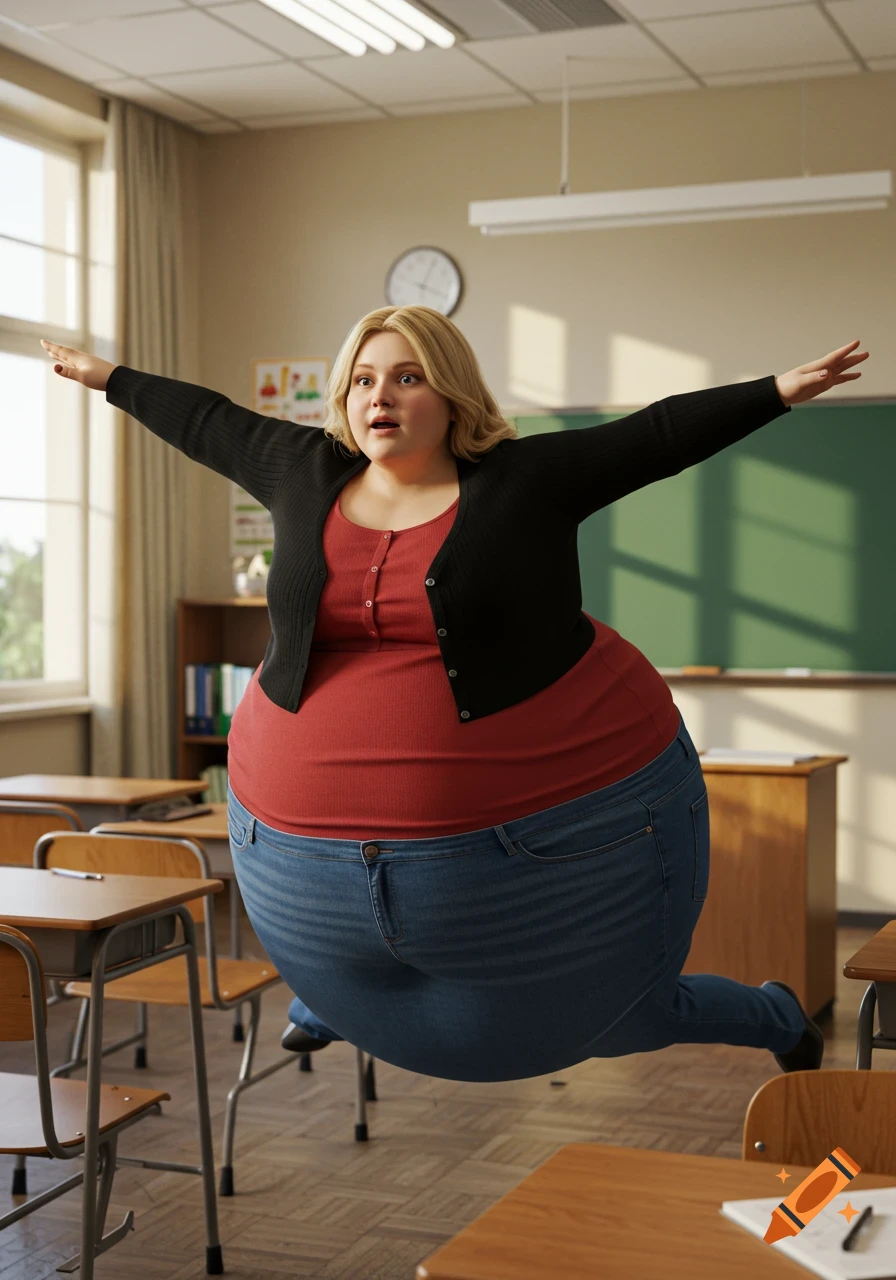 A heavily inflated blonde woman, dressed as a teacher in a red top, black cardigan, and jeans, floats in a classroom with arms outstretched.