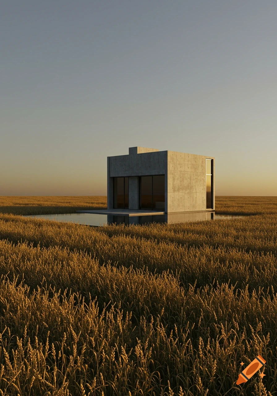 A minimalist concrete cabin with a small pool in a vast golden wheat field under a clear sky.