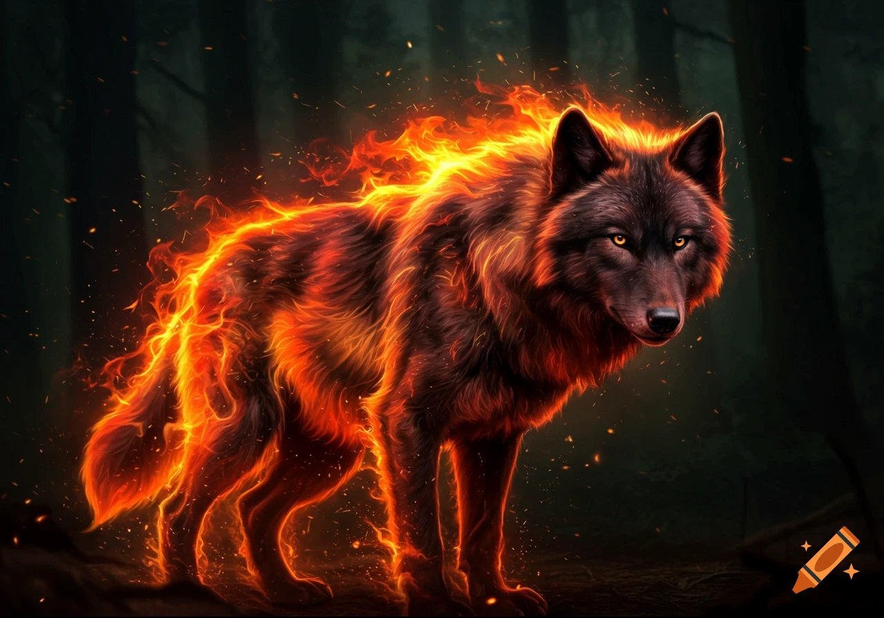 A majestic black wolf with its fur engulfed in vibrant, glowing orange and yellow flames, standing in a dark forest.