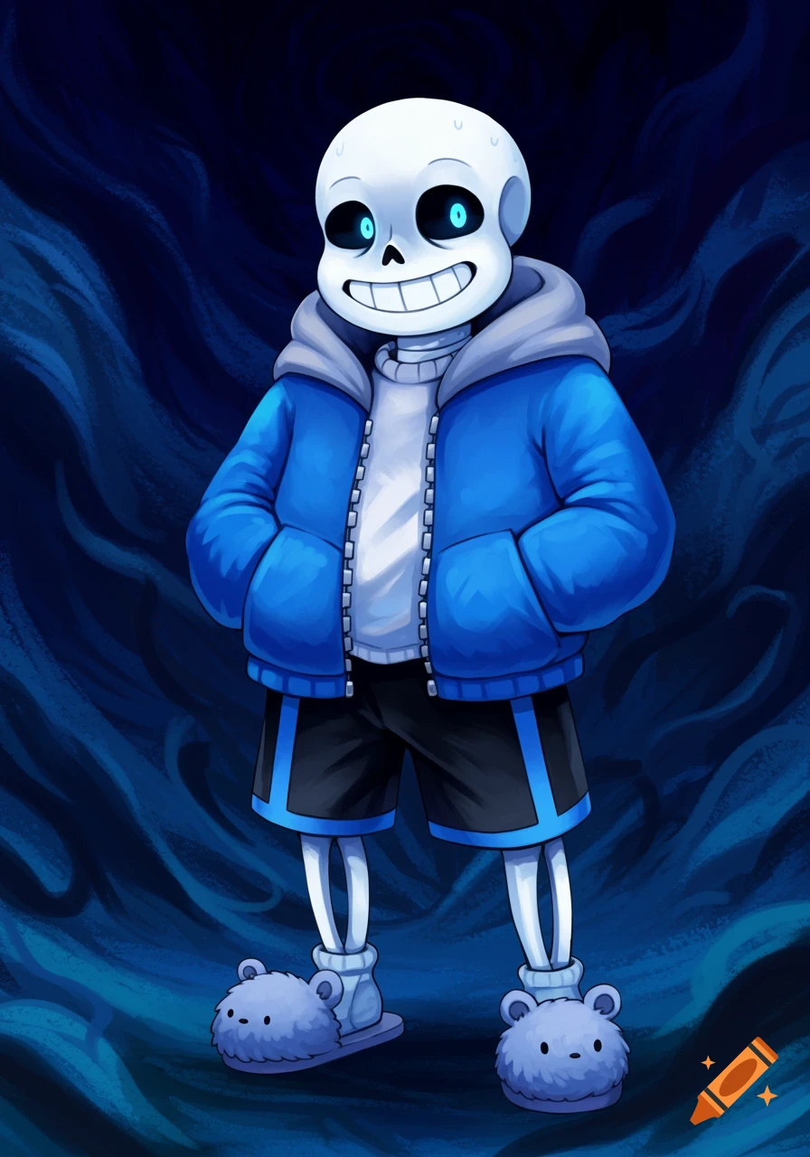 A cartoon skeleton character, Sans, wearing a blue hoodie, black shorts with blue stripes, and fluffy blue slippers, smiles with glowing blue eyes against a dark blue background.