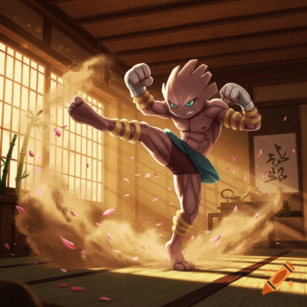 A Hitmonlee Pokémon performs a high kick in a sunlit dojo, surrounded by dust and pink petals in an anime art style.