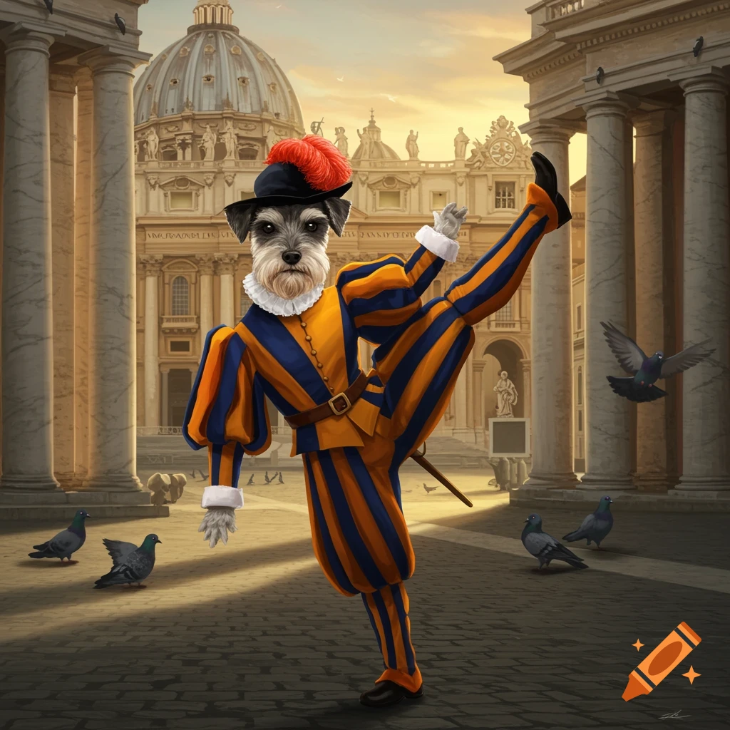 A schnauzer in a Swiss Guard uniform performs a high kick in front of St. Peter's Basilica at sunset.