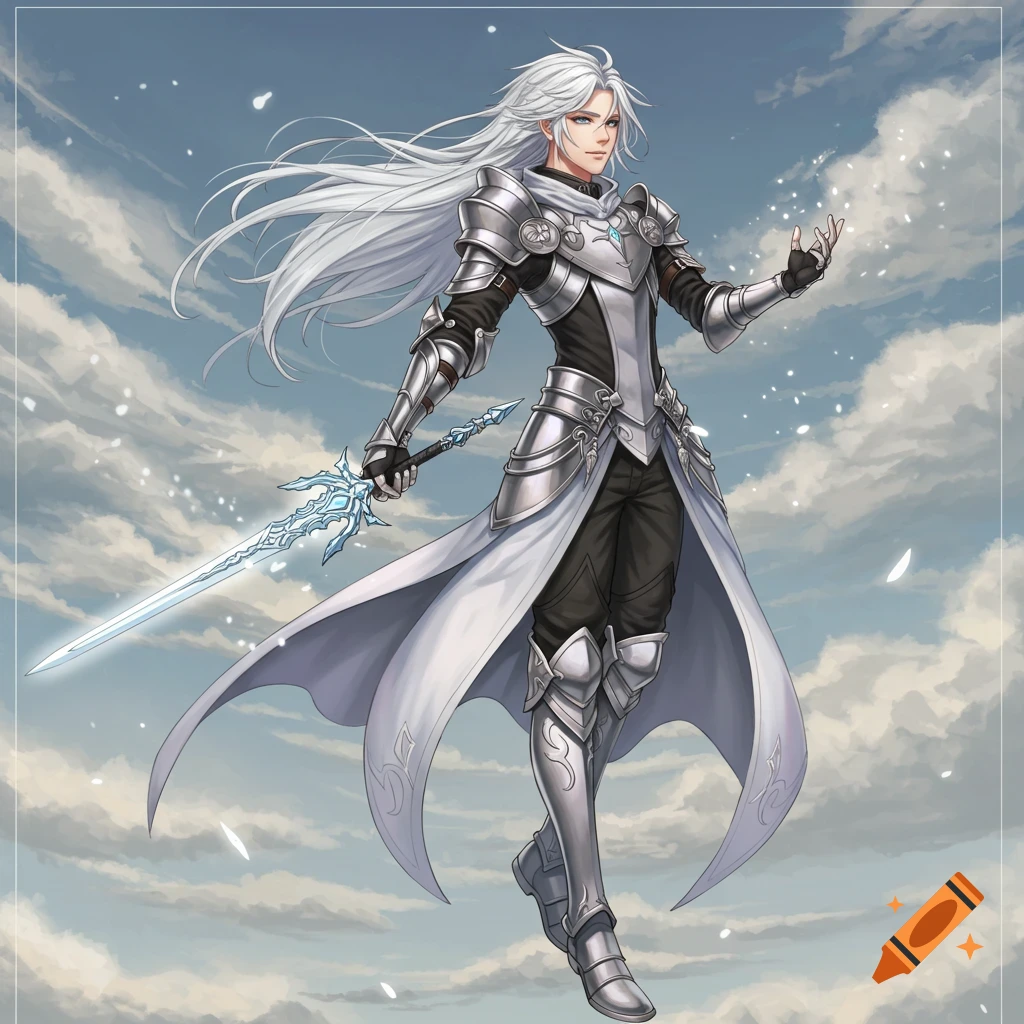 An anime male warrior with long white hair, silver armor, and a glowing sword floats against a cloudy blue sky.