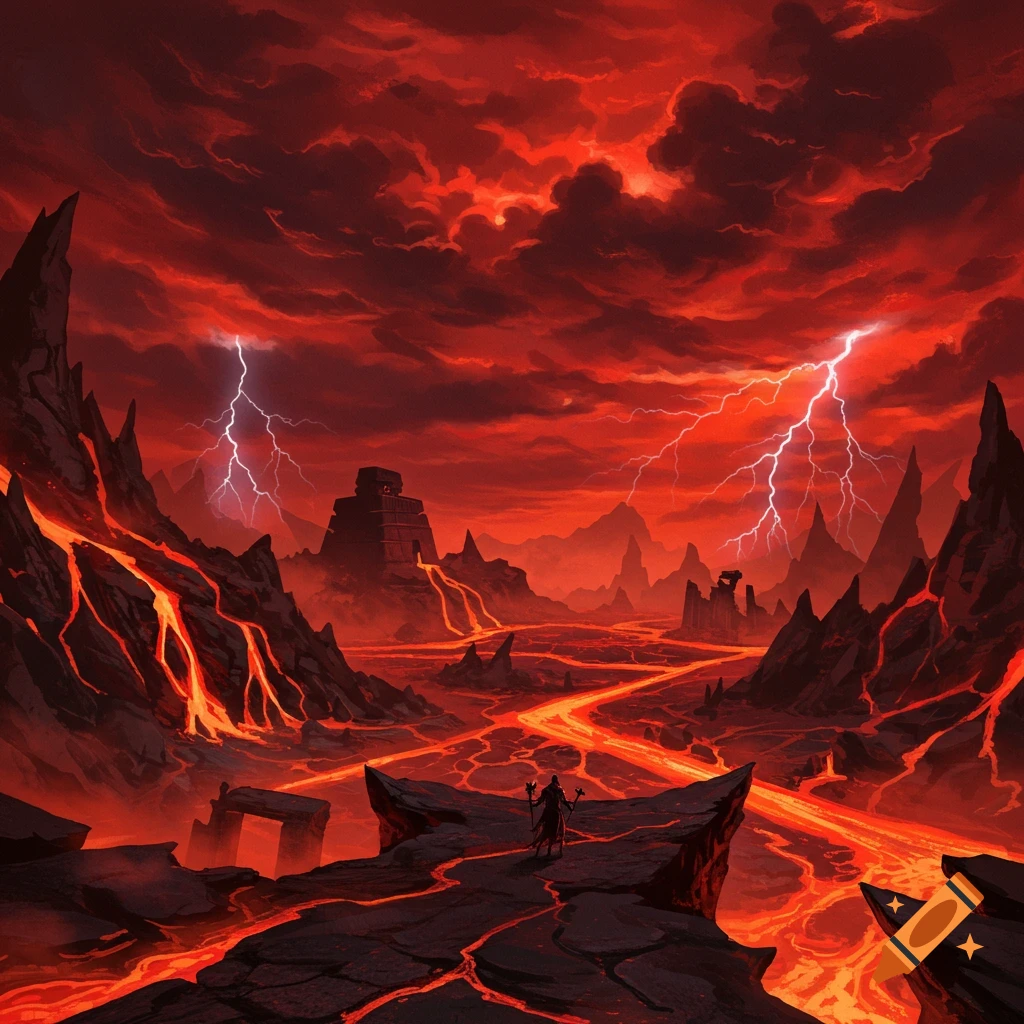 A dark fantasy landscape depicting a fiery, volcanic realm under a red sky with lightning, a central figure, and ancient structures.
