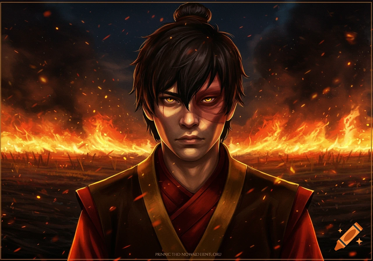 Detailed portrait of Prince Zuko from Avatar: The Last Airbender, with a burn scar, yellow eyes, and dark hair, set against a fiery landscape.